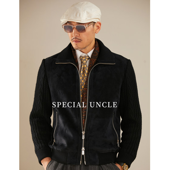 
Uncle Te BC blue knitted stitching retro leather sheepskin men's lapel jacket slim men's spring jacket