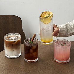 ins Simple Striped Glass Cup Iced Americano Latte Coffee Cup Juice Cup Cold Drink Cup Household Milk Cup Water Cup