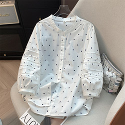 Summer New Korean Style Polka Dot Hollow-Out Three-Quarter Sleeve Shirt for Women, Fashionable Versatile Loose Slimming Stand Collar Blouse Top