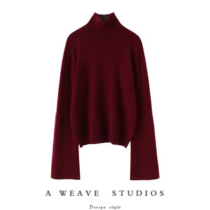 
Love the beauty ~ Burgundy double layer large sleeve turtleneck cashmere sweater for women pure cashmere sweater pullover 2022 autumn and winter