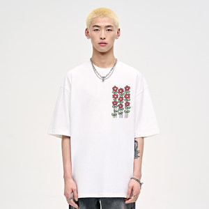 
Shan Xiaochuan cartoon flower print couple short-sleeved T-shirt men summer loose trendy brand versatile pure cotton clothes trendy