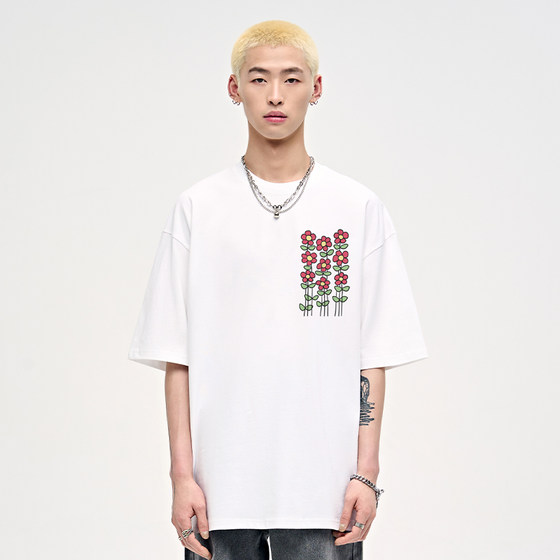 
Shan Xiaochuan cartoon flower print couple short-sleeved T-shirt men summer loose trendy brand versatile pure cotton clothes trendy