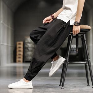 Chinese style men's ice silk nine -point pants summer thin pants men's loose casual pants bouquet foot Harn pants small feet tide
