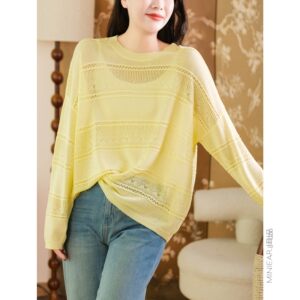 27.0% Lyocell 14.6% linen/hollow jacquard clear and loose pullover sweater for women produced by Xiaoer