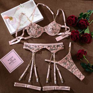 
European and American style INS foreign trade cute pink embroidery girl flower perspective sexy chain hollow bra three-piece set