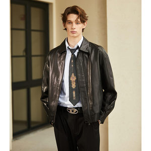 
{Same as Dehua} Hong Kong style first-layer sheepskin oil-waxed genuine leather jacket lapel old-money leather jacket men's new style