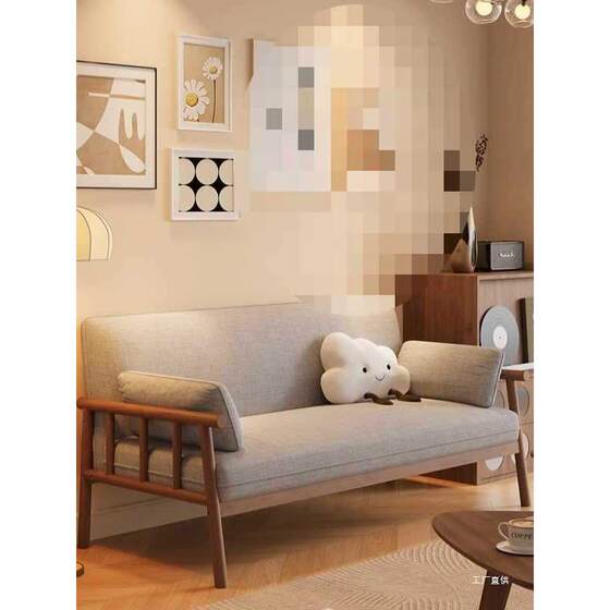 Nordic all solid wood fabric small apartment double or three person living room clothing store apartment bedroom Japanese simple modern sofa
