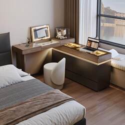 Italian-Style Corner Vanity Table with Integrated Dresser, Bedroom Bedside Table, Light Luxury L-Shaped Flip-Top Extendable Makeup Table