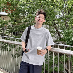 Western Camel Men's Short Sleeve T-Shirt Basic Style Summer Pure Cotton Gray Men's Round Neck Summer Loose Breathable Half Sleeve