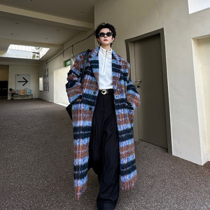 
Winter retro high-end plaid wool coat for men's fashionable mid-length version loose thickened knee wool coat trendy