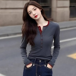 Spring and Autumn Slim-Fit Stylish Design Top T-Shirt for Women, New Color-Blocking Patchwork Slimming Base Layer with Round Neck and Long Sleeves