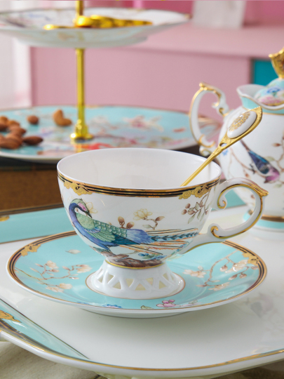 Krysclove Tazza da tè vintage in ceramica, elegante tazza da caffè con cucchiaio e piattino, tazze da tè in porcellana reale (blu