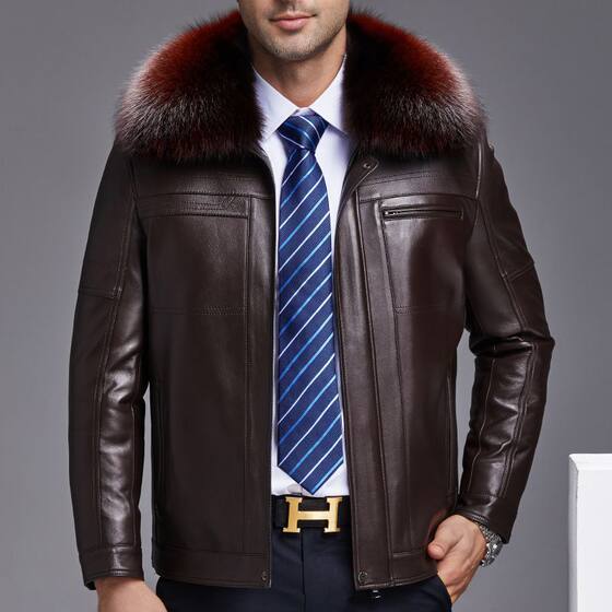 
Haining winter sheepskin leather jacket men's short fox fur collar leather jacket dad's denim jacket men's