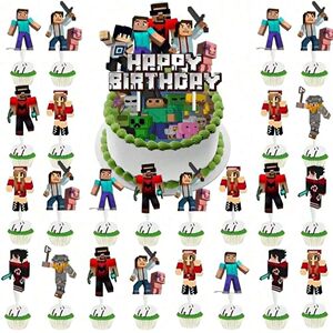 
Spot Minecraft Pixel Wars Game Theme Birthday Party Decoration Banner Cake Insertion Decoration Set