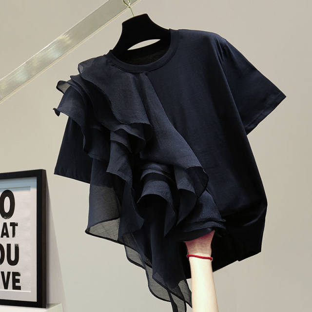 2025 summer Korean version loose slim design sense irregular ruffled solid color elastic cotton casual short-sleeved T-shirt