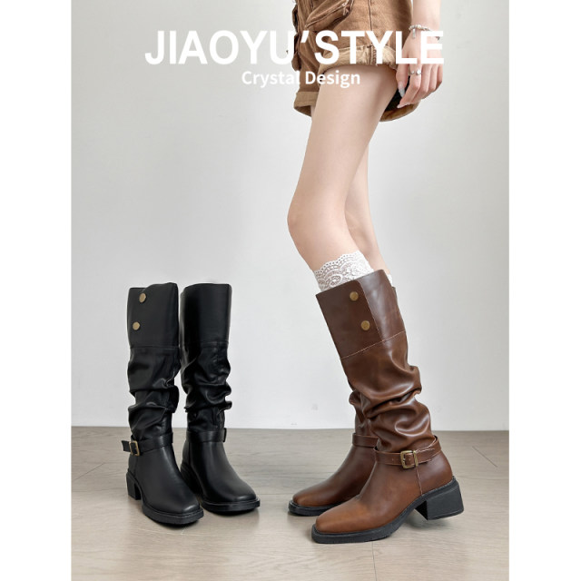 Genuine leather~Jiaoyu thick heel folded retro pleated Western boots for women Maillard knee-high knight boots