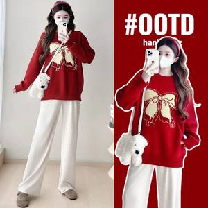 
2026 Spring and Autumn New Maternity Clothing Casual Knitted Sweaters Large Size Versatile Tops During Pregnancy Fashion Festive Red Sweaters