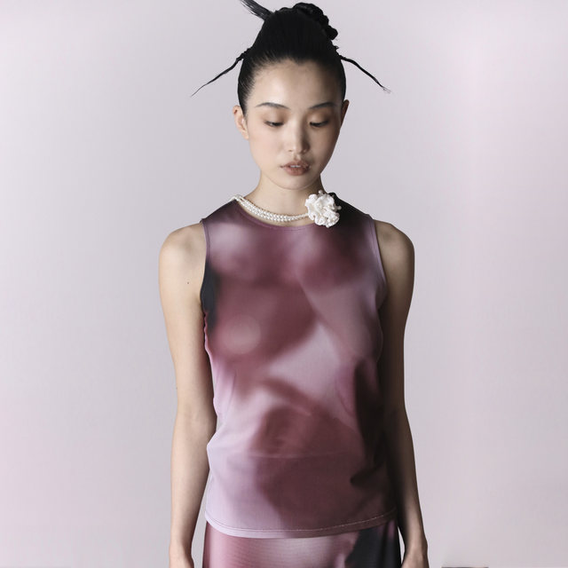 Pink printed sleeveless top yue he Yuehe original creation