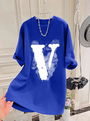 American Retro Heavyweight Pure Cotton Regular Shoulder Short-Sleeve T-Shirt for Women, 2025 Summer New Style, Plus Size Loose Long Top ins