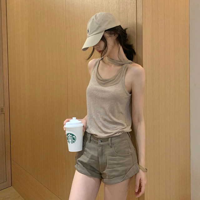 GYOKUU Oats/Khaki 2 colors Low waist wash ultra short basic denim shorts