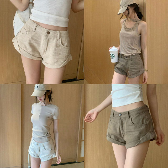 GYOKUU Oats/Khaki 2 colors Low waist wash ultra short basic denim shorts