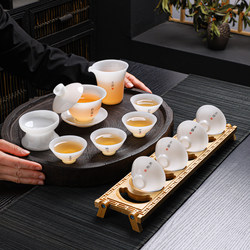 Ice Jade White Porcelain Kung Fu Tea Set with Cup Holder, Dehua High-End Tea Brewing Set, Home Use, Engraved, Gift-Giving