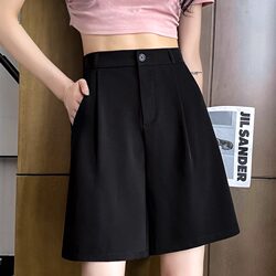 Black Suit Shorts for Women, Summer Thin Style, 2026 New Model, Loose Fit, Slimming, High-Waisted, Casual Wide-Leg Five-Point Shorts