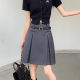 College style pleated skirt for women in summer large size fat mm retro gray A-line midskirt design temperament suit skirt