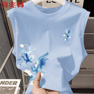 
Ice blue wide shoulder vest men's 2026 new retro national trend Phoenix pure cotton vest youth sports hurdles cut sleeves