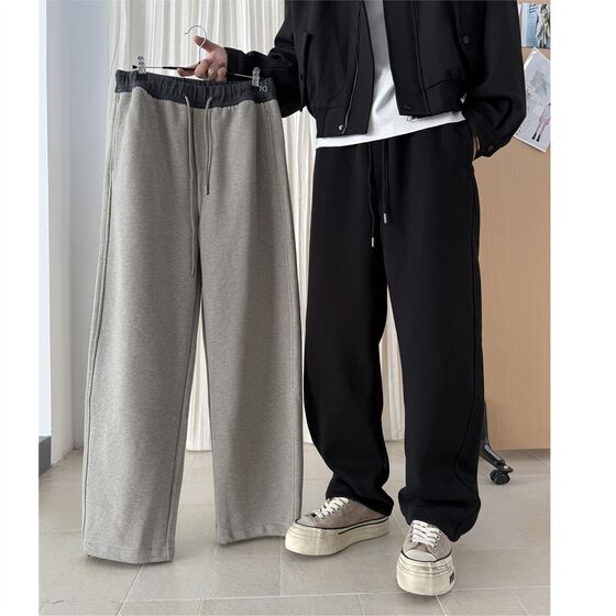 
2025 winter men's velvet thickened waist color-blocked straight casual pants fashionable and versatile loose and versatile sports pants