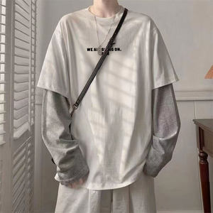 
300*0.5kg plus size fake two-piece long-sleeved T-shirt for men and women loose casual versatile round neck splicing top bottoming shirt