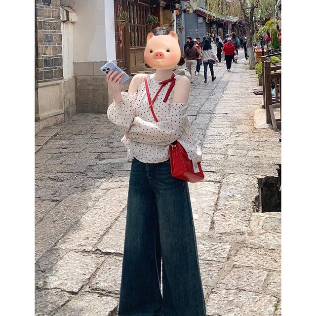 French sweet bow polka dot long-sleeved shirt for women in summer design niche loose doll shirt off-shoulder top
