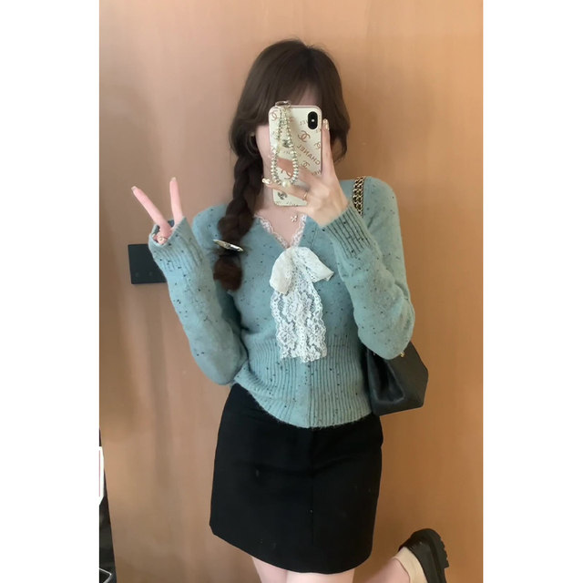 French style V-neck lace bow lace-up bottoming sweater for women in autumn and winter slim fit inner sweater top