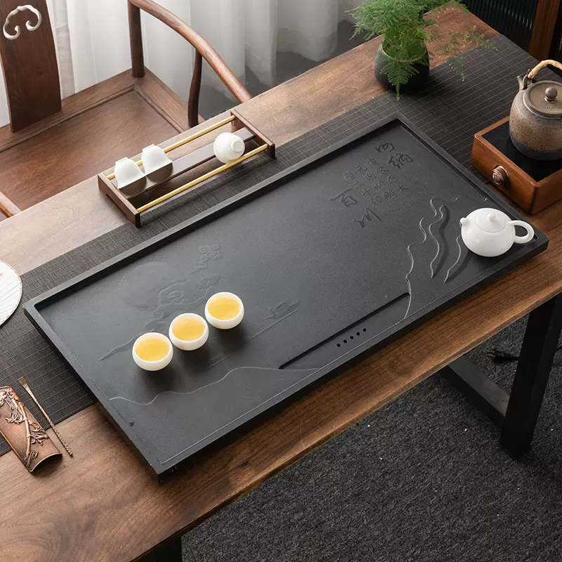 烏金石頭茶盤套裝全自動一體快煮壺功夫茶具烏石茶海家用客廳託盤-Taobao