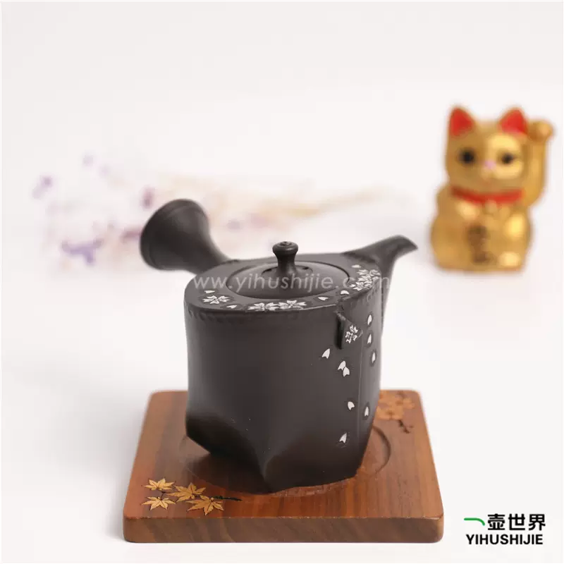 日本常滑烧急须 舜园 作-07 朱窑变黑色樱花180ml纯手工侧把茶壶-Taobao