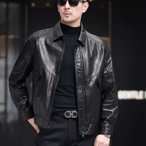 
Haining genuine leather jacket men's waxed cowhide leather jacket light luxury high-end short lapel handsome autumn and winter loose jacket