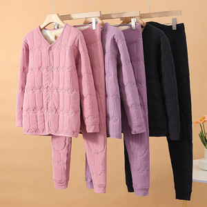 Wool cardigan thermal underwear women's suit plus velvet thickened men's home clothes for elderly people's autumn clothes for long pants pajamas
