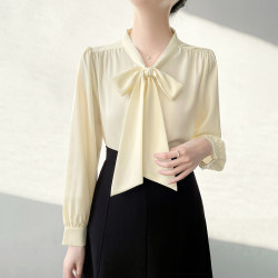 Han Bo Ya Professional Commuting Interview Long-Sleeve Shirt for Women, Satin Drape Anti-Wrinkle Shirt with Bow Tie and Ribbon Top