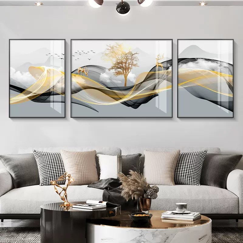现代轻奢客厅装饰画新中式沙发背景墙背后挂画三连幅组合画壁画-Taobao