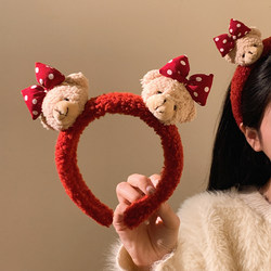 Christmas Red Bow Bear Headband for Women, Cute Plush New Year Headwear, Versatile Face Washing Hairpin, Autumn and Winter Headband