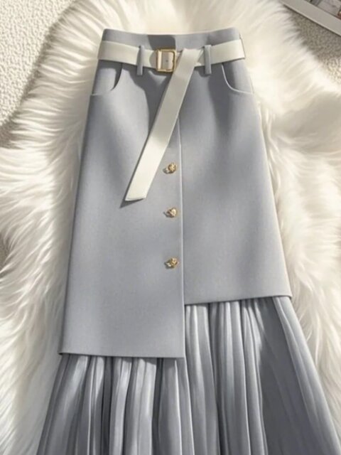 Fashionable and stylish pleated chiffon spliced ​​A-line mid-length waist to make you look slim and cover your flesh-covered skirt spring and summer new women
