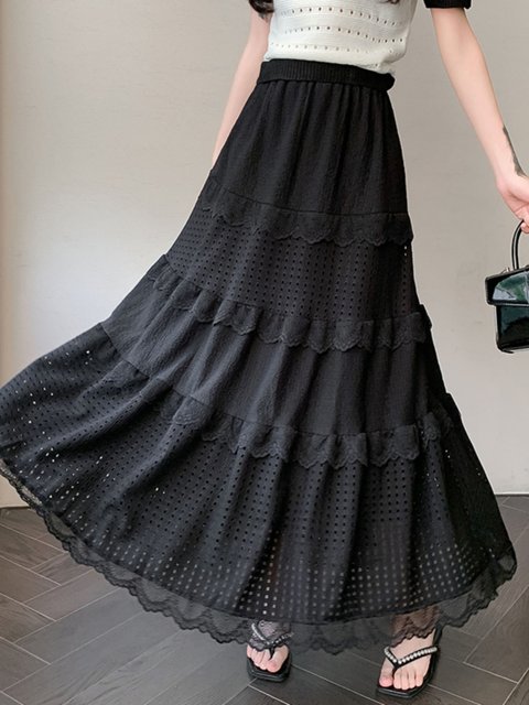Gentle style and sweet wood ears with elasticity and slim high waist A-line cake mid-length skirt spring and autumn new women's clothing
