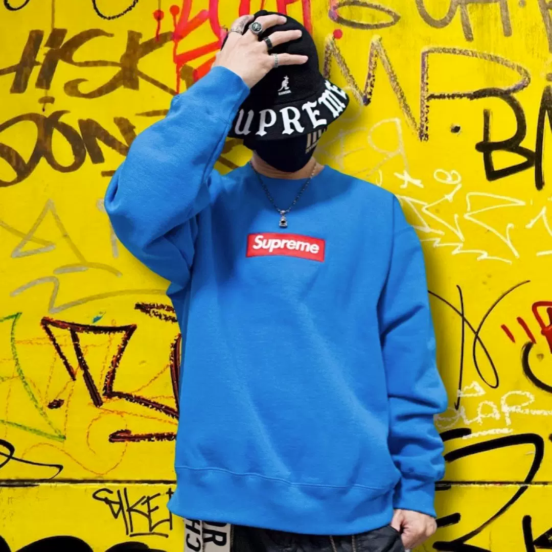 高品质22FW Box Logo Crewneck 经典Bogo红标加绒潮流圆领卫衣男-Taobao