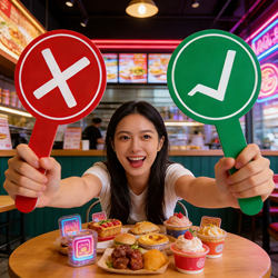 Black and White Double-Sided Sign with Thumbs Up/Down Gesture, Same Style Props for Travel and Food Check-In