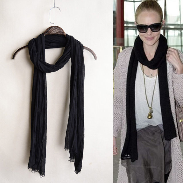 Spring and autumn men and women black slender cotton and linen scarf women autumn and winter versatile thin decorative neck long scarf solid color
