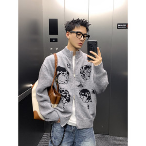 
PLTH*American Jacquard Portrait Stand Collar Double Zipper Knitted Jacket Men's Autumn and Winter Premium Commuting Cardigan Sweater