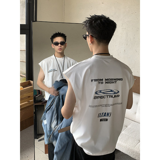 
PLTH* Korean trendy pure cotton round neck vest summer beach sports vest men's loose sleeveless T-shirt top trendy