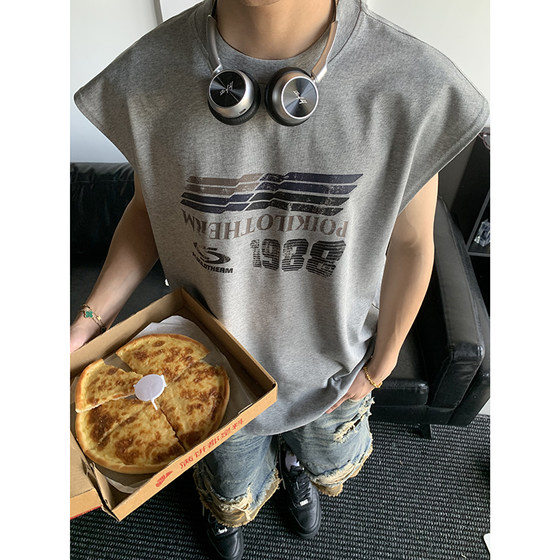 
PLTH* American retro cotton vest summer beach distressed printed vest men's loose sports sleeveless T-shirt trendy