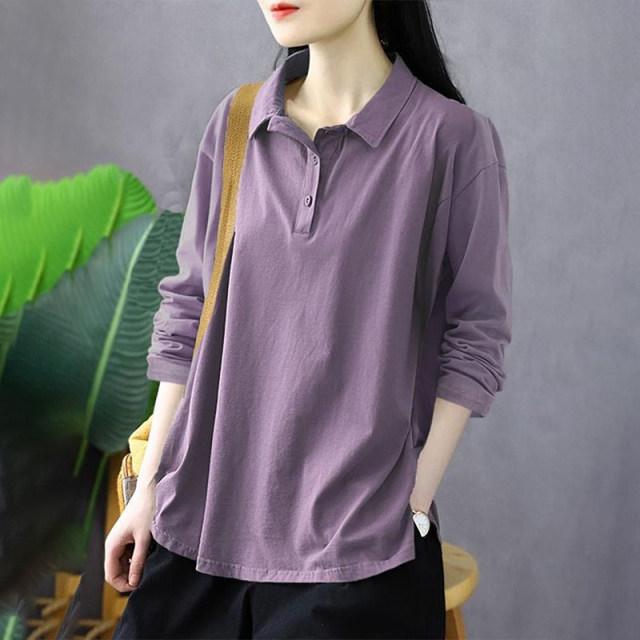 Purple Cotton POLO Polo Leading T -shirt Female Spring and Autumn Poor Spring and Autumn Paper Bottom Bottom Casual Various lapel top