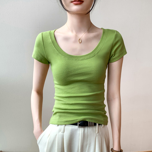 Pure cotton u-neck short-sleeved T-shirt for women 2025 summer new style clavicle exposed large neckline waist-hugging slimming fruit green top